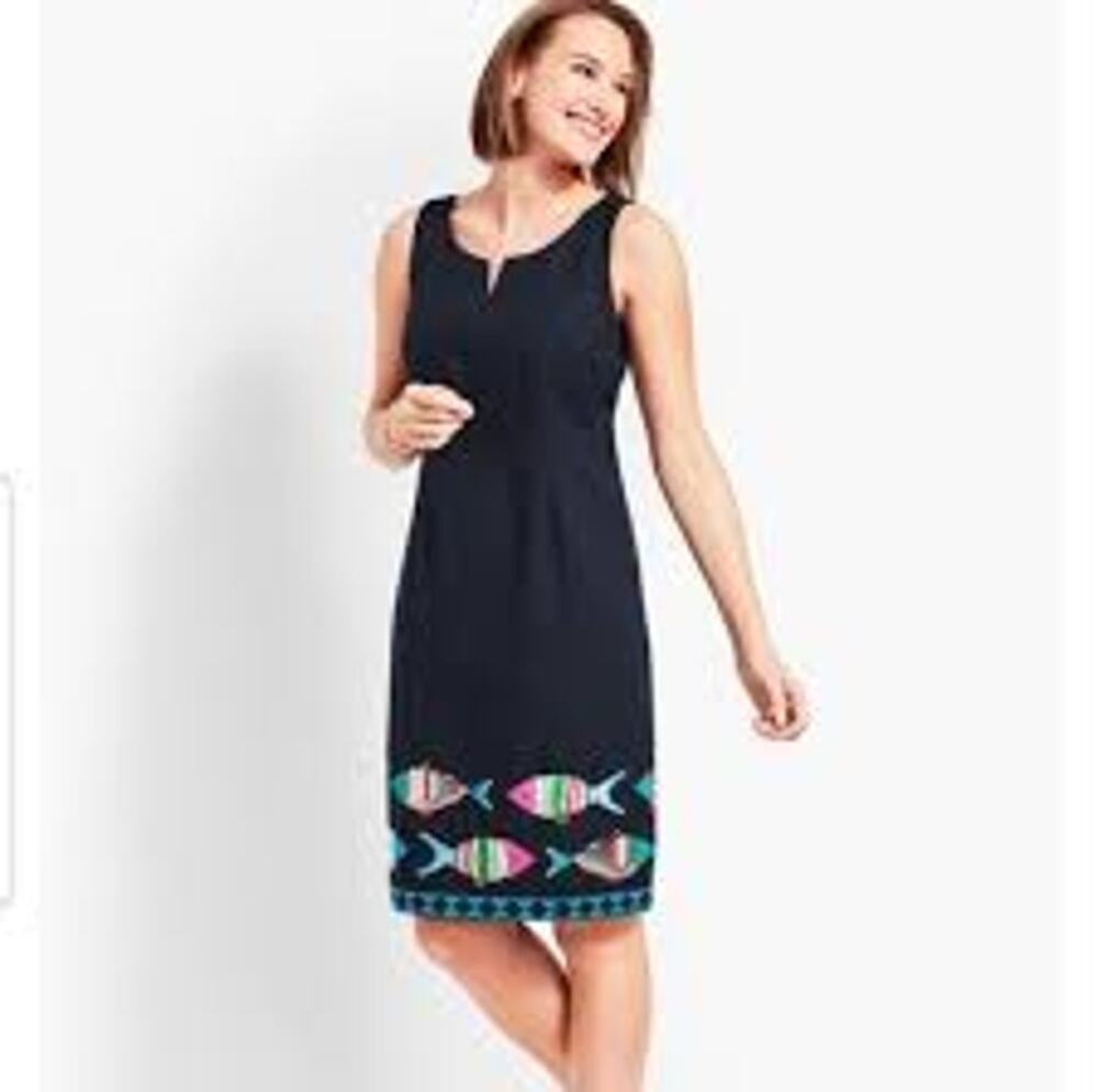 Talbots Navy Embroidered Fish Sheath Dress Size 4 Petite Sleeveless Linen